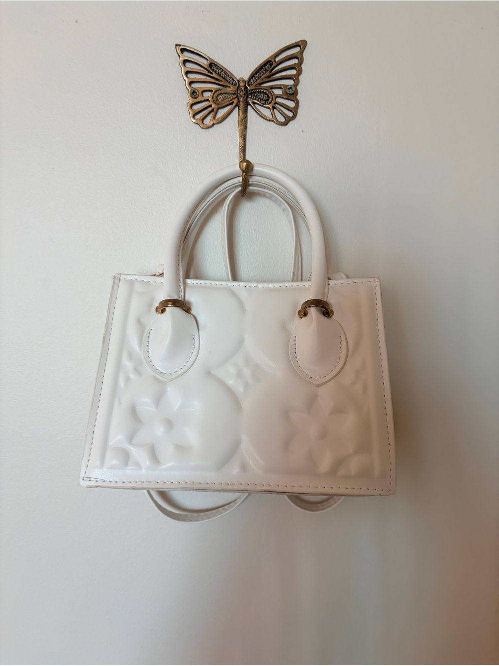 White Puffy Embossed Floral Patent Leatherette Tote small